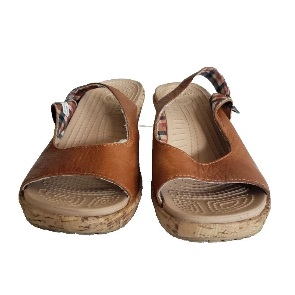 Crocs A-Leigh Brown Leather Slingback Peep Toe Cork Wedge Women's Size 7 Sandals